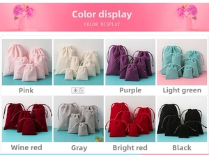 Multiple colors of plush drawstring jewelry pouches in various sizes and soft velvet fabric