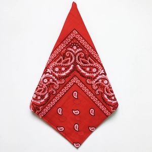Red paisley bandana featuring classic paisley print folded in a triangular shape for hip-hop