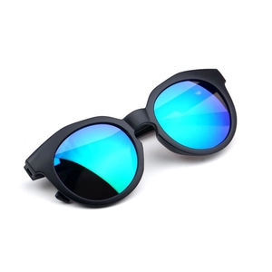 Matte black round frame kids sunglasses with blue-green mirrored UV400 lenses