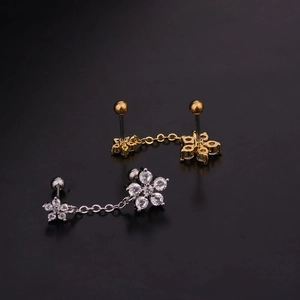 Floral stainless steel ear studs with zircon crystals and chain in gold and silver