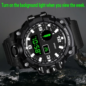 Waterproof sports digital watch with large dial and resin strap on dark rock surface