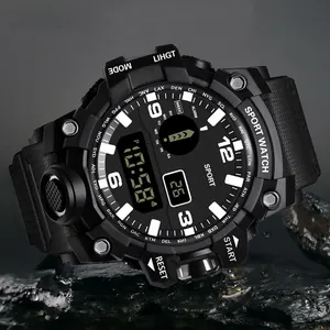 Close-up of waterproof dual display sport watch with black rubber strap and world time