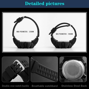 Detail view of sport watch showing adjustable 165-235mm strap and stainless steel buckle