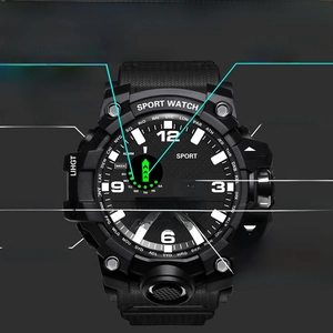 Detailed technical diagram of black digital sports watch with multi-function display buttons