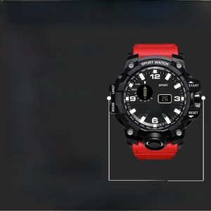 Detailed specs of the digital sports watch showing 55mm case diameter and resin band
