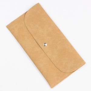 Light brown faux suede envelope makeup brush pouch with silver snap closure