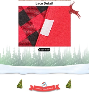 Detail of red and black plaid Christmas tree skirt with reinforced stitching and dual-layer fabric