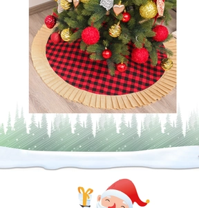 Detail view of red and black buffalo plaid Christmas tree skirt with ruffled burlap edges