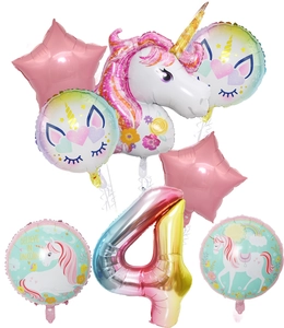 Unicorn balloon set for 4th birthday featuring number four and rainbow foil shapes