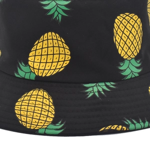 Wendbarer Fischerhut aus Baumwolle mit gelbem Ananas-Print auf schwarzem Canvas