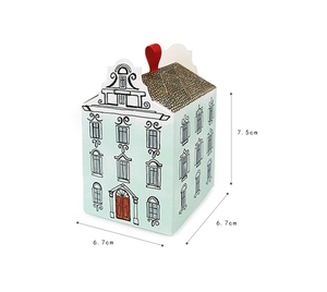 European style house gift box dimensions 7.5x6.7x6.7cm with red ribbon handle and green walls