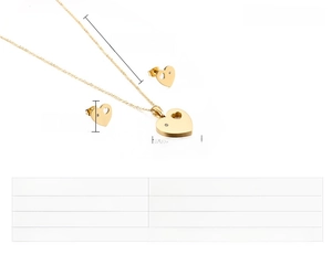 Macro view showing dimensions of a heart-shaped jewelry set with necklace and earrings