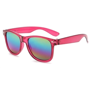 Detail view of pink kids retro square sunglasses with rainbow lenses and metal hinge detail
