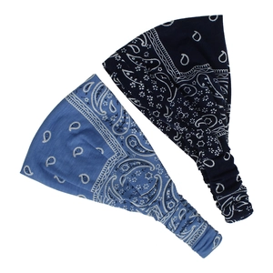 Detail of blue paisley print elastic headbands showing knitted texture and boho design