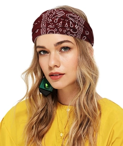 Detail of burgundy paisley print bohemian wide headband with elastic knitted fabric