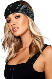 Detail of black paisley headband for women with elastic fabric and white pattern