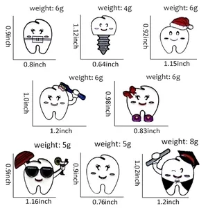 Size chart showing 8 cute cartoon tooth enamel pins with measurements and weight