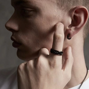 Men's matte black titanium steel ring with chain inlay and matching earring set