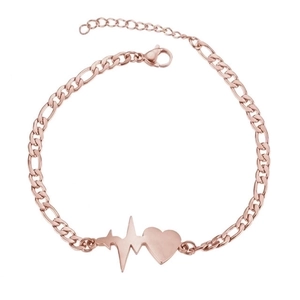 Detailed view of rose gold heart and heartbeat charm bracelet with adjustable chain