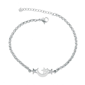 Detail of silver titanium steel chain featuring hollow moon and star charms with lobster clasp