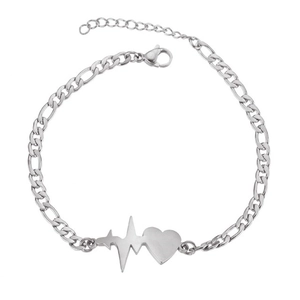 Detail of silver Figaro chain bracelet featuring a heart and heartbeat pendant