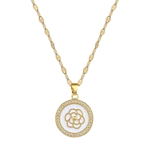 Titanium steel camellia necklace and earrings set with micro-pave crystals in gold finish