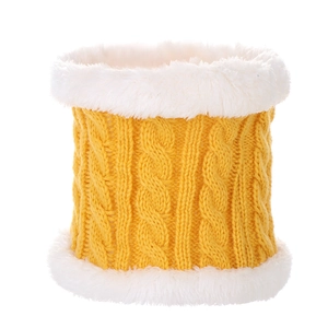 Detail of yellow knit winter scarf with soft white faux fur lining for kids