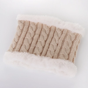 Close-up of beige cable knit neck warmer with soft white faux fur edges for children