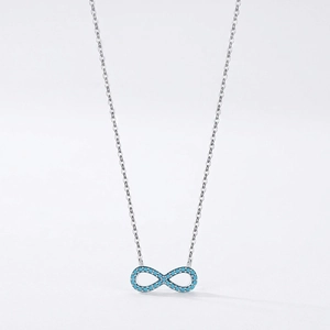 Elegant 925 sterling silver infinity pendant necklace with turquoise stones on white background