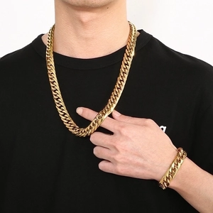 Men's hip-hop golden Cuban link necklace and bracelet set in stainless steel