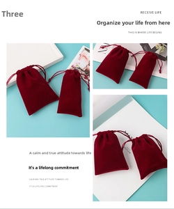 Detail of red velvet drawstring pouches showing soft plush texture and cord closure