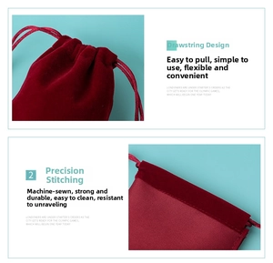 Macro view of burgundy velvet pouch showing reinforced stitching and drawstring closure