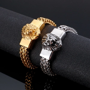 Lion Head Bracelet 316L Stainless Steel Retro Punk Woven Wheat Chain For Men