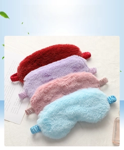 Plush faux rabbit fur sleep masks in red, purple, pink, and blue with elastic silk straps