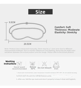 Size chart for plush sleep mask showing 20.5cm length and washing instructions