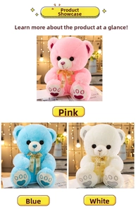 Detail of plush teddy bears in pink, blue, and white with gold 'LOVE' silk ribbons