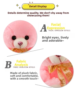 Detailed view of pink teddy bear with soft plush fur and Love You printed ribbon bow