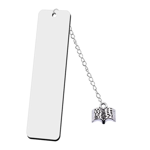 Detailed view of silver stainless steel rectangular bookmark with elegant book charm