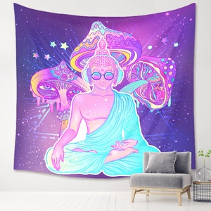 Psychedelic Buddha tapestry with mushrooms and headphones hanging over a grey sofa