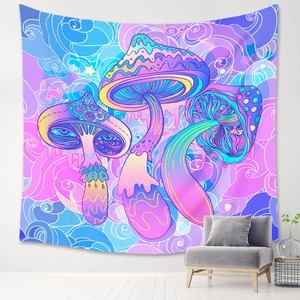 Detail of psychedelic mushroom tapestry hung on wall above sofa in boho room