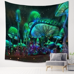 Detail of bohemian mushroom forest tapestry hanging above a grey sofa in a cozy room