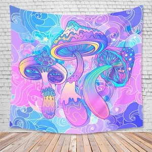 Detail of bohemian mushroom tapestry with psychedelic neon patterns on a white brick wall