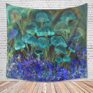 Detail of watercolor mushroom tapestry with blue and green tones on a white brick wall