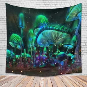Detailed view of bohemian forest mushroom tapestry on white brick wall background