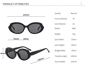 Detailed size specifications for vintage oval sunglasses with 153mm frame width