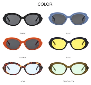 Detailed grid view of oval frame sunglasses in black, blue, orange, and demi finishes