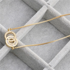 Golden micro-pave zircon interlocking double ring pendant necklace with fine box chain