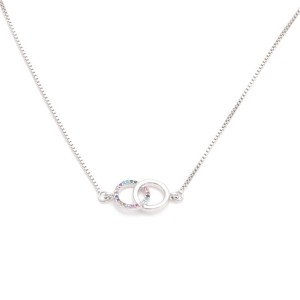 Silver interlocking double ring necklace featuring colorful micro-pave cubic zirconia