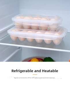 Stackable plastic egg storage box in fridge showing -20 to 120 degrees Celsius range