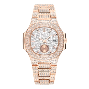 Macro shot of luxury rose gold watch bezel and strap encrusted with white crystals